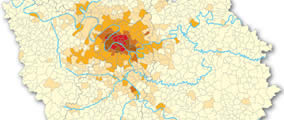 Densité humaine à la commune en 1999. Population + emploi sur les espaces urbains construits
